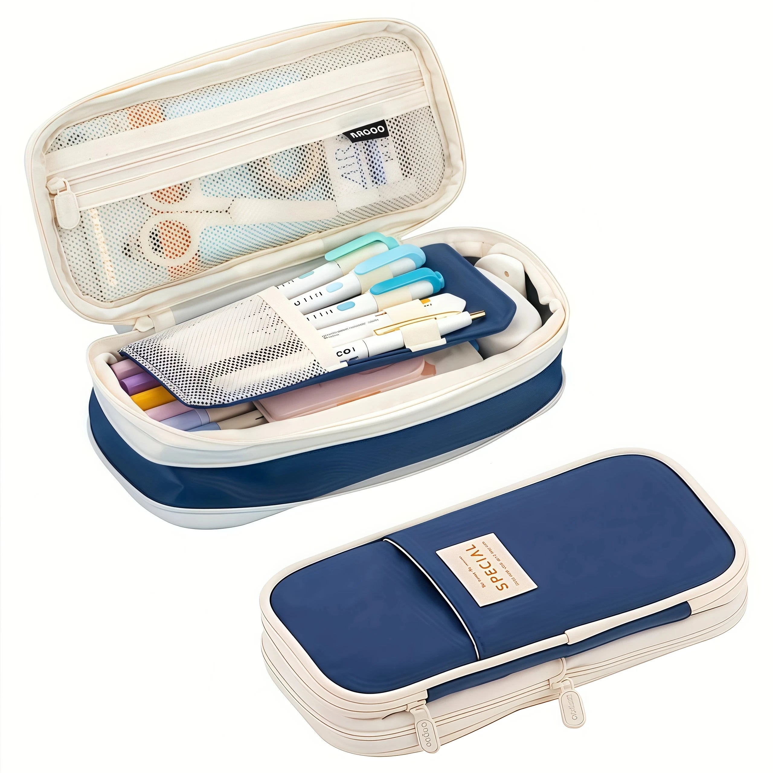 Navy and cream large pencil case with mesh pocket and zippered fold front