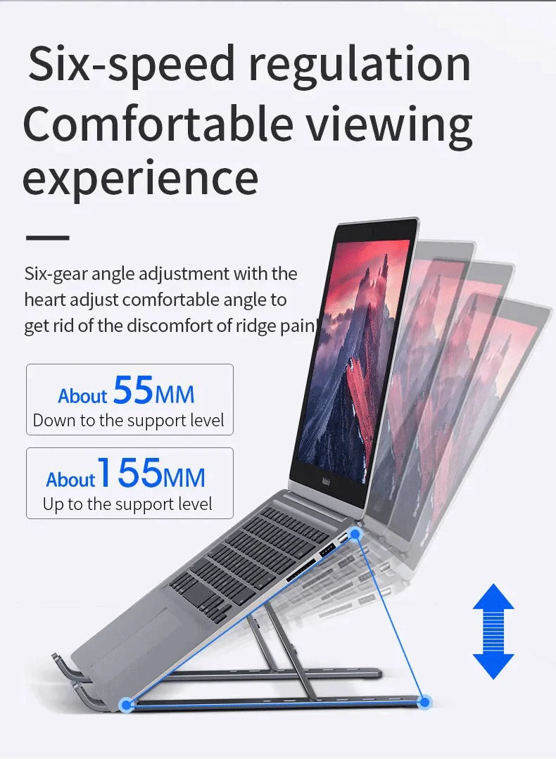 Adjustable aluminum laptop stand with multi-position viewing angle arms