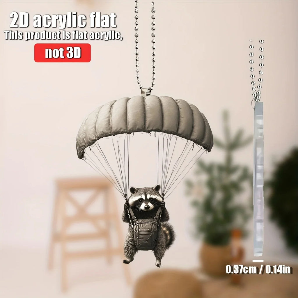 Parachute animal pendant keychain with off-white parachute and dangling clear bar