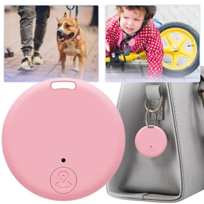 Pink round anti-lost Bluetooth tracker keychain attached to a bag