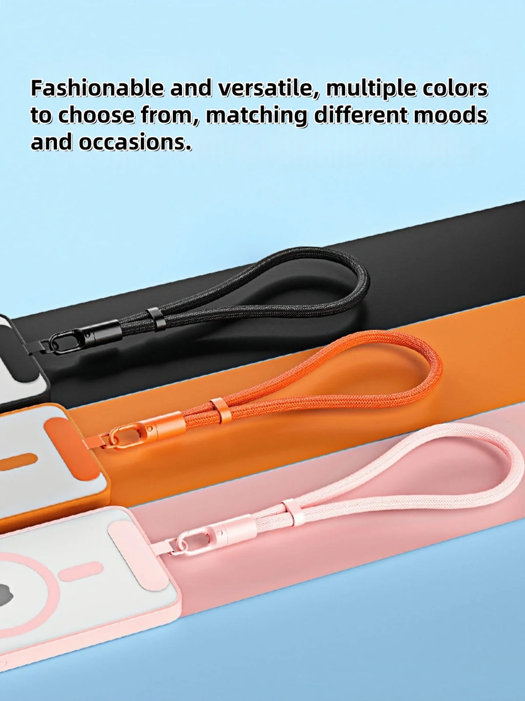 Mobile phone lanyards in black, orange, and pink with self-locking clips on a phone.
