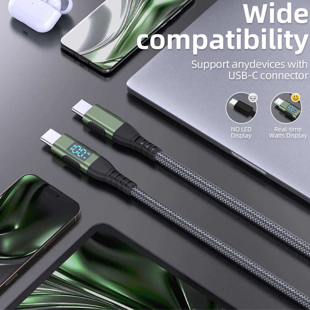 Dual green USB-C to USB-C braided cables with LED readout and USB-C connectors