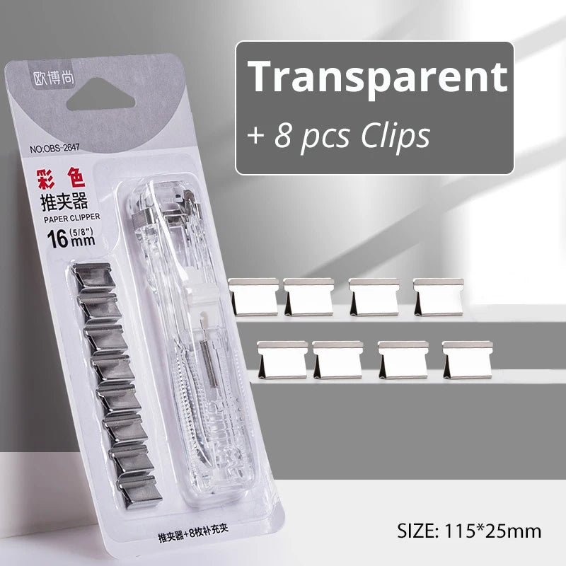 Transparent mini push stapler clamp with 8 refill clips