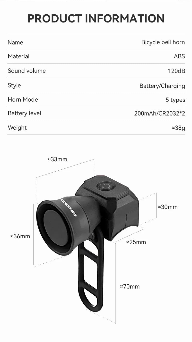 Bicycle electronic horn product diagram with ABS body, mount, and dimensions