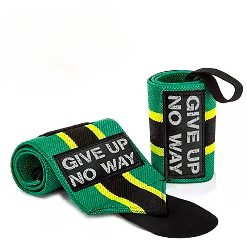 Wrist support brace wraps 2-pack, green with yellow stripe pattern and "GIVE UP NO WAY" text.
