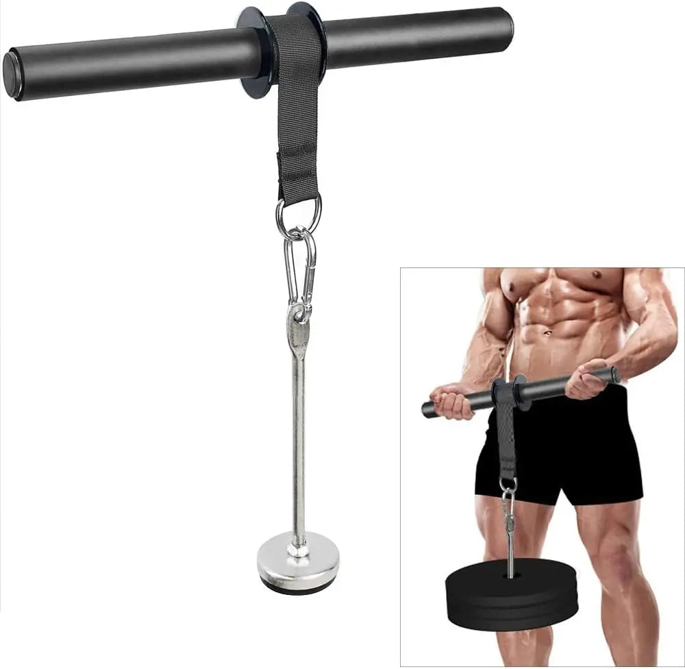 Forearm trainer with black wrist strap, long steel rod, and weight plate base