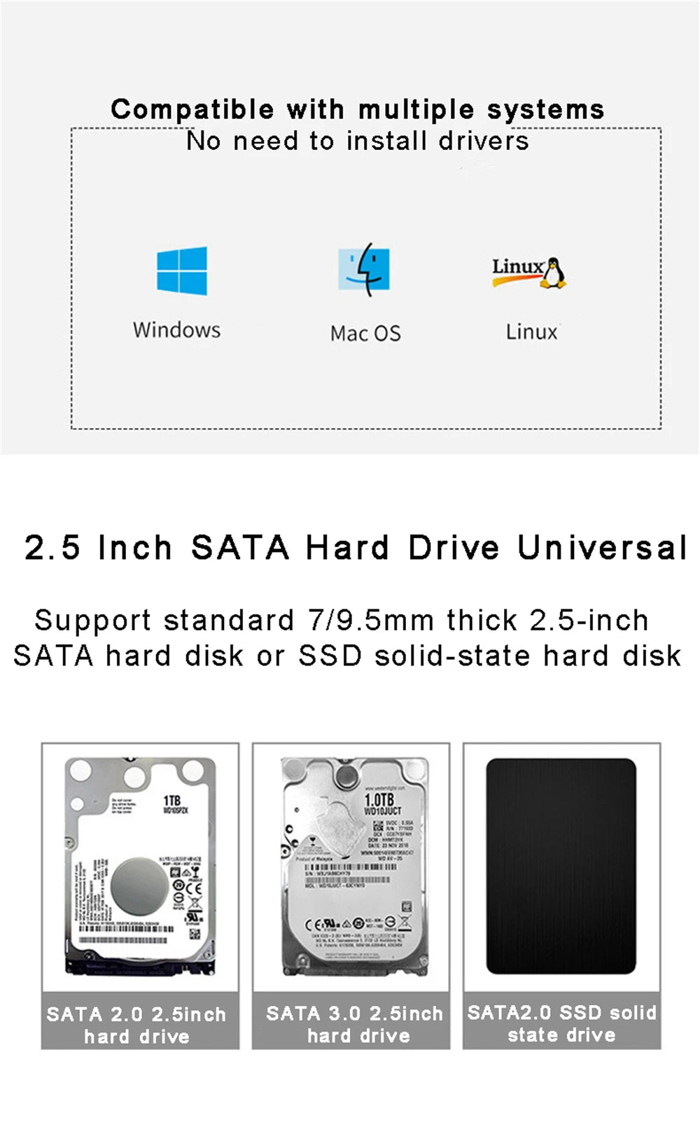 2.5-inch SATA HDD enclosure compatibility diagram with support for 2.5-inch drives