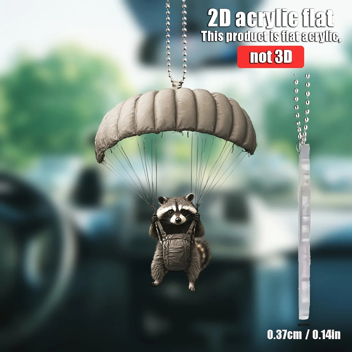 Parachute animal car charm pendant with light-colored beaded chain and clear bar