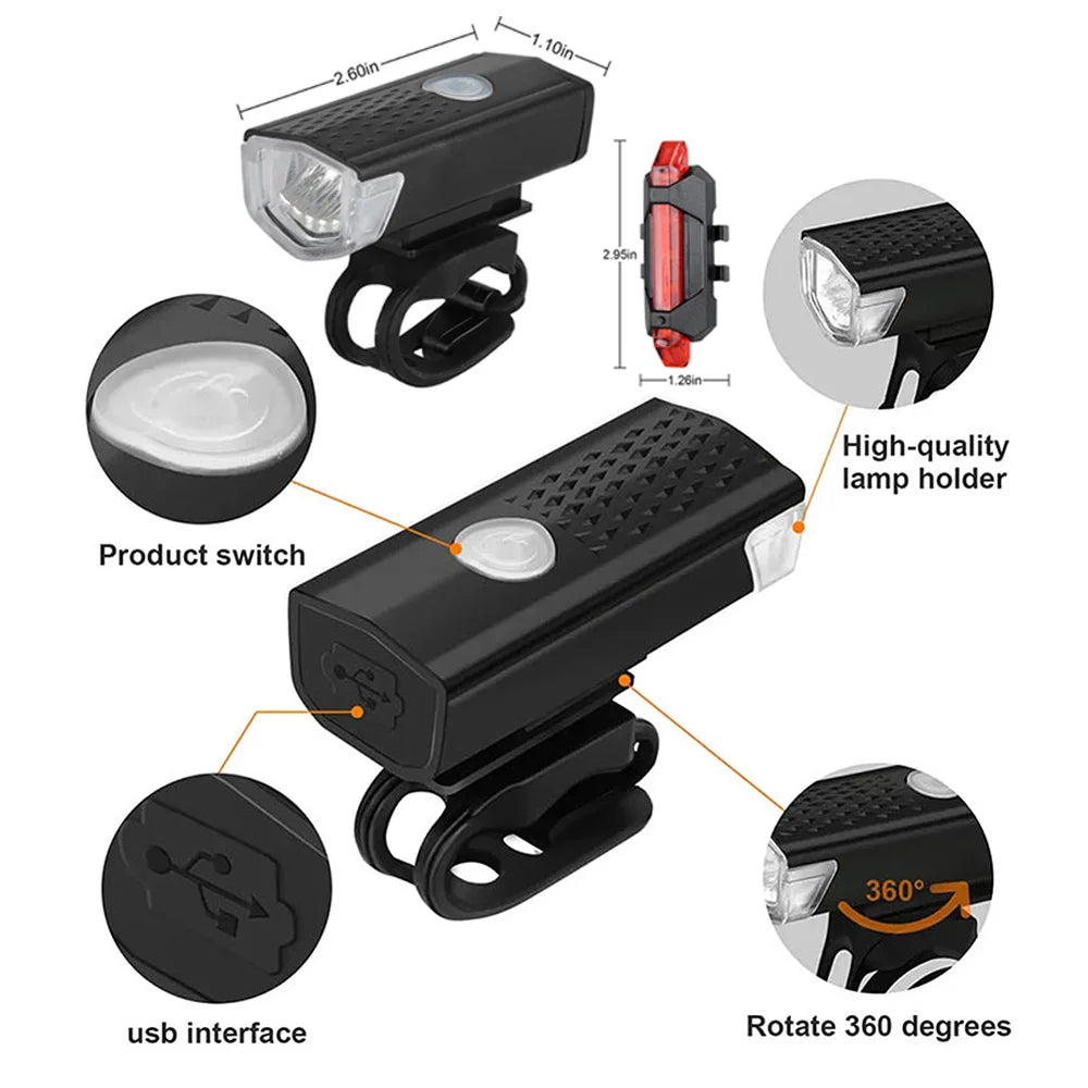 Bike light set with black front headlight and red rear taillight, rotating 360 mount