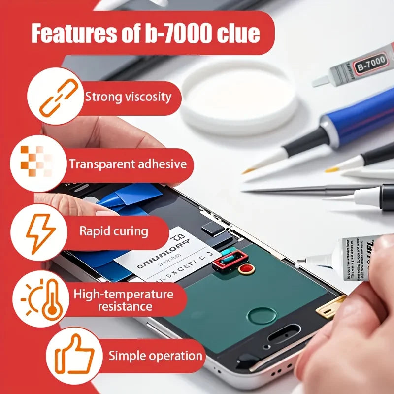 Phone screen repair adhesive set with glue bottle and tools on a work surface