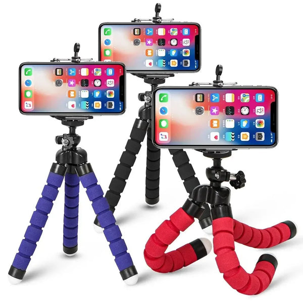 Phone tripod stand with clamp, red and blue flexible legs holding smartphones