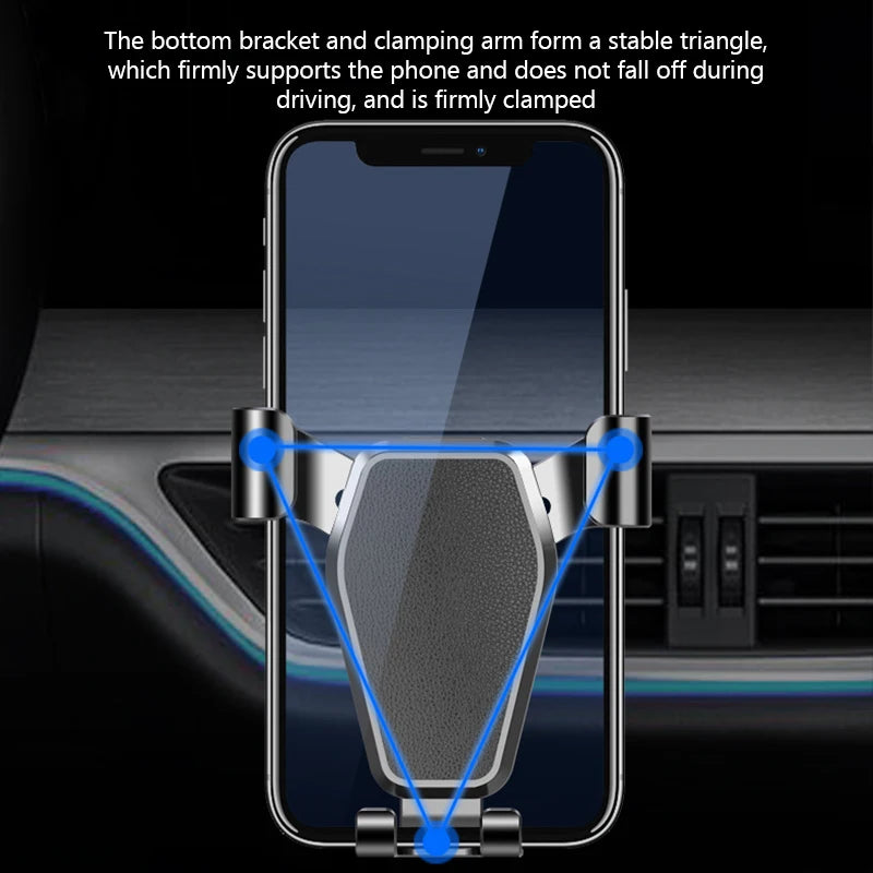 Phone holder cradle with triangular support arms and two mounting posts for vent mounting