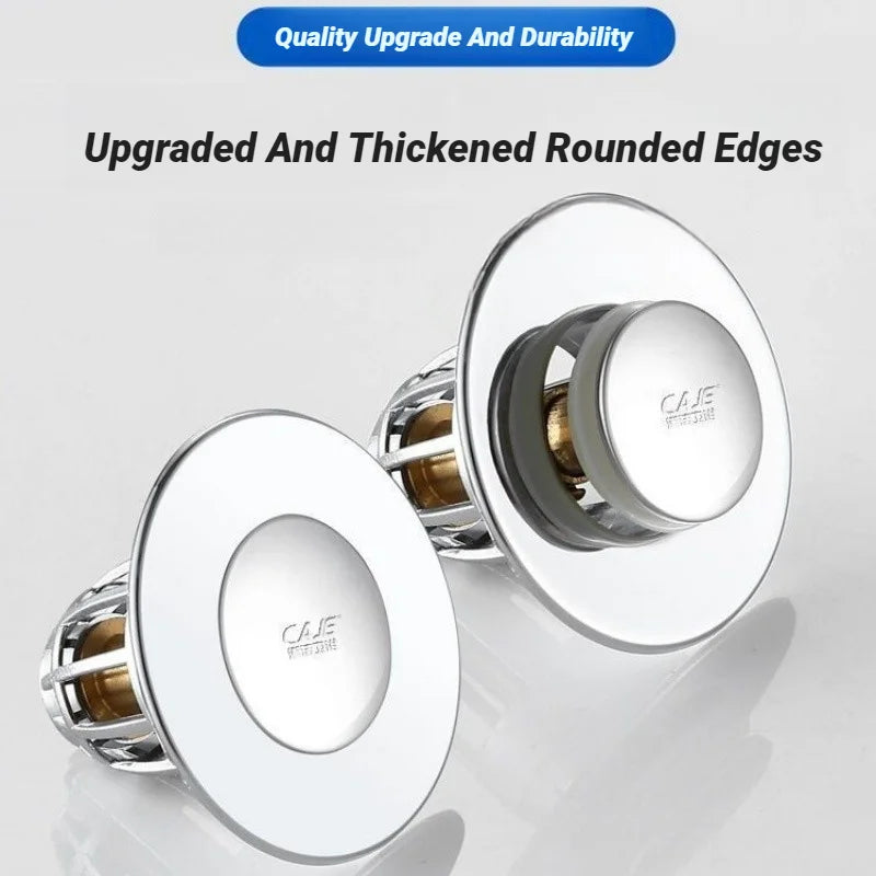 Chrome pop-up drain stopper with rounded cover and visible internal strainer core