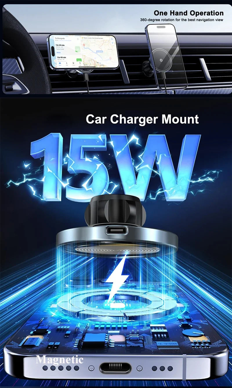 Black magnetic wireless car phone charger mount with glowing blue charging base