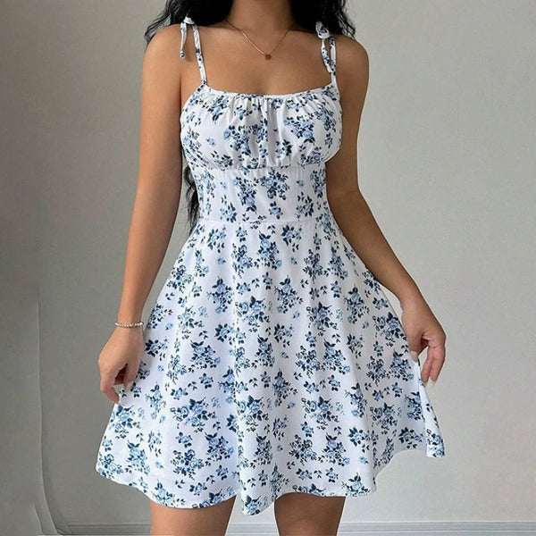 Blue floral spaghetti-strap mini dress with square neckline and tie straps