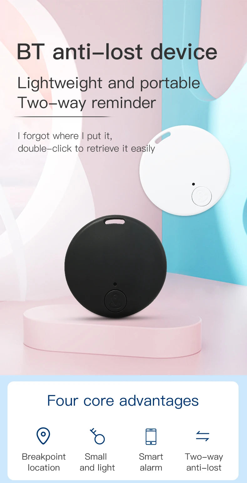White and black round Bluetooth anti-lost tracker tags on a display stand