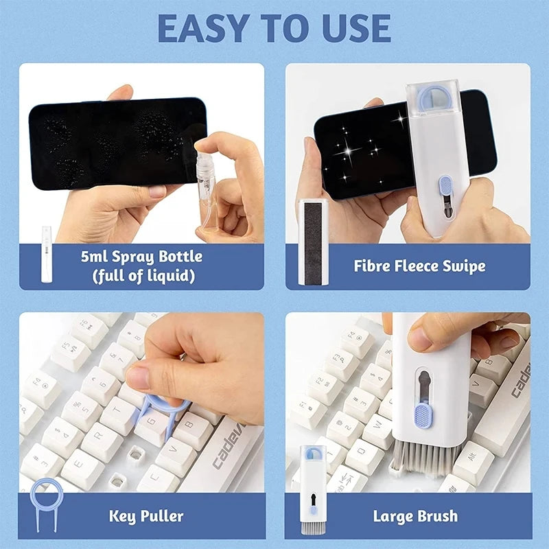 7-in-1 cleaning kit with spray bottle, fiber fleece swipe, and key puller