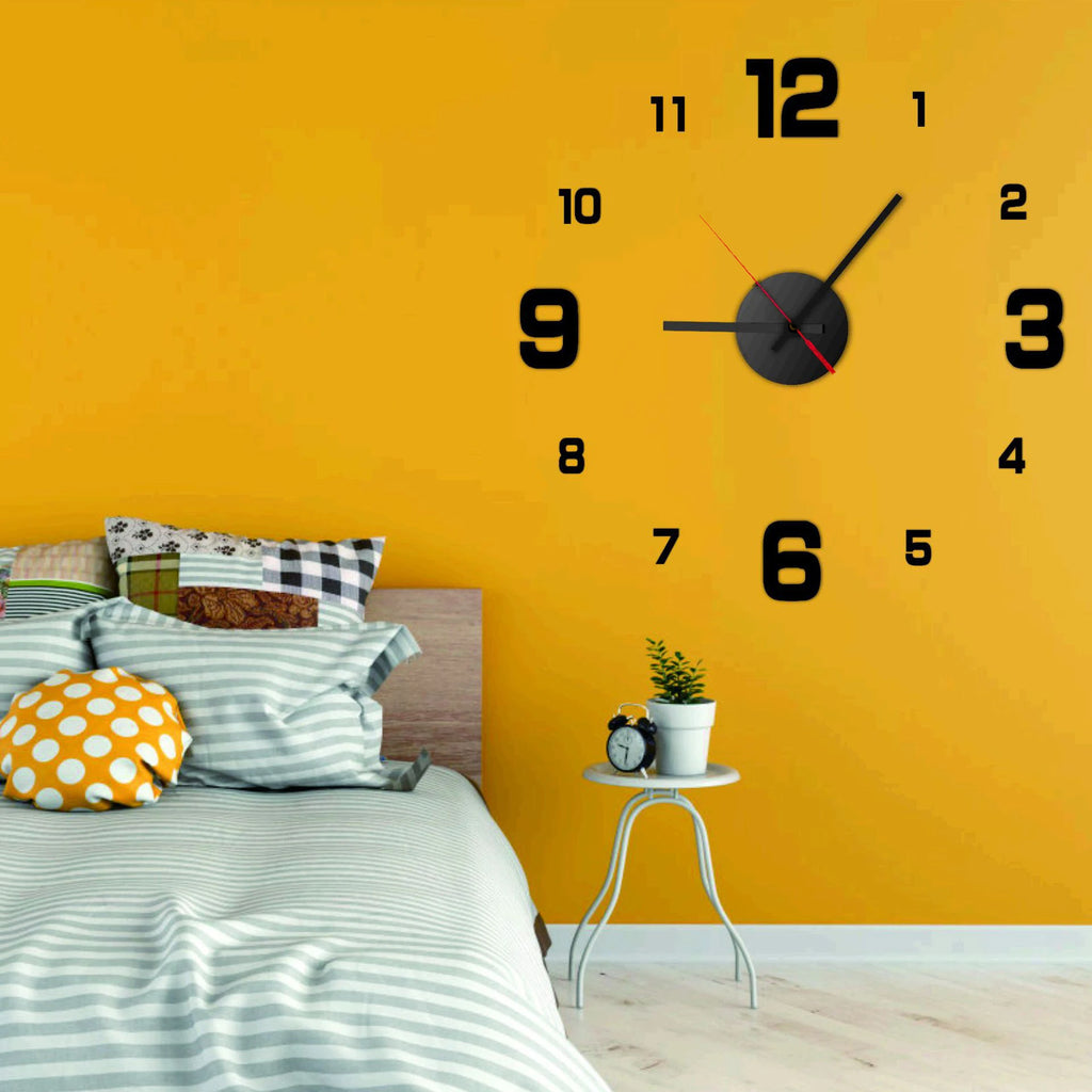 DIY wall clock sticker with black center, black hands and red second hand, numbers 1–12 on wall.