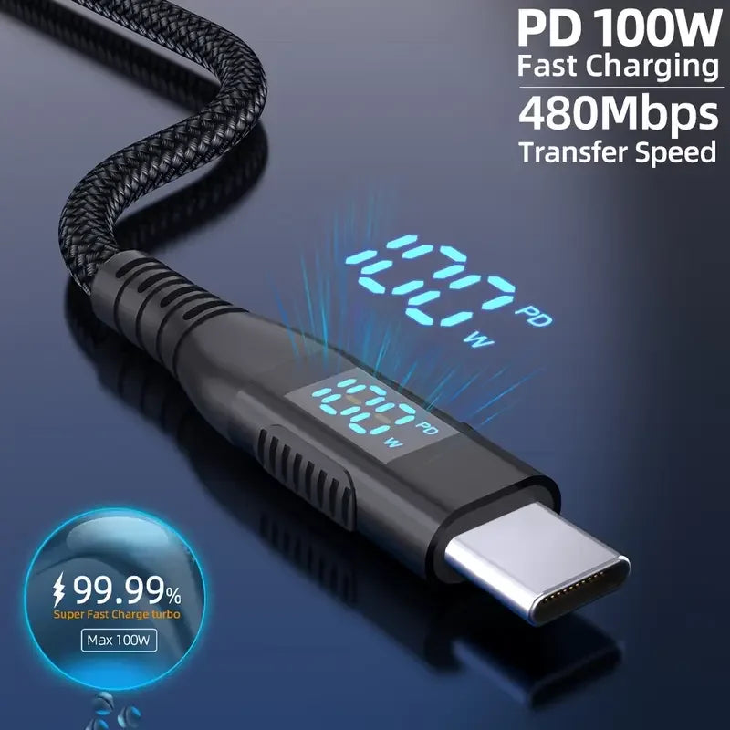 Black braided USB-C to USB-C charging cable with Type-C connector end