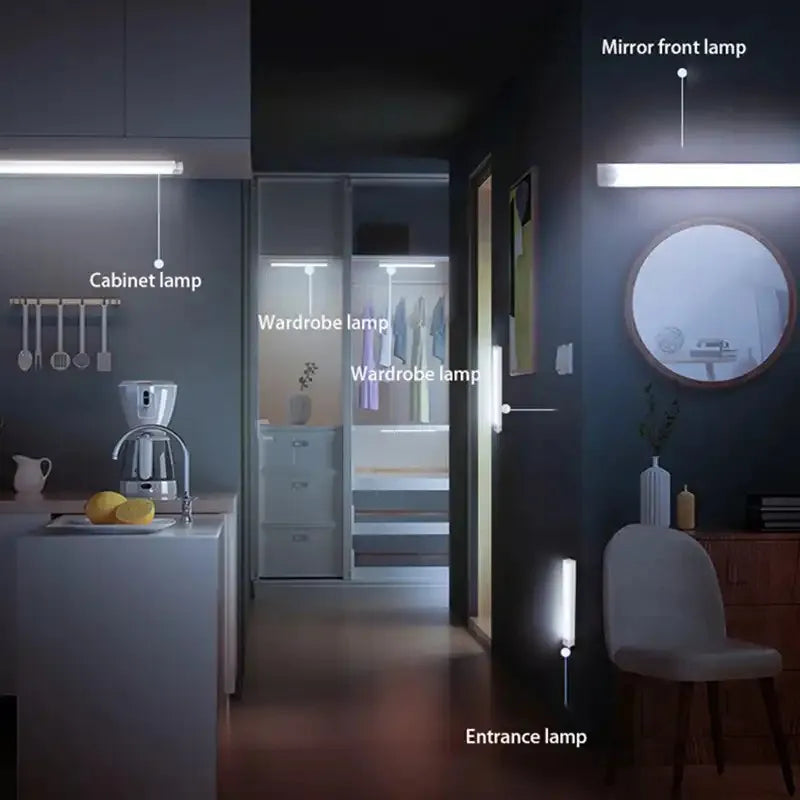 Wireless motion sensor LED night light strips in kitchen and wardrobe hallway