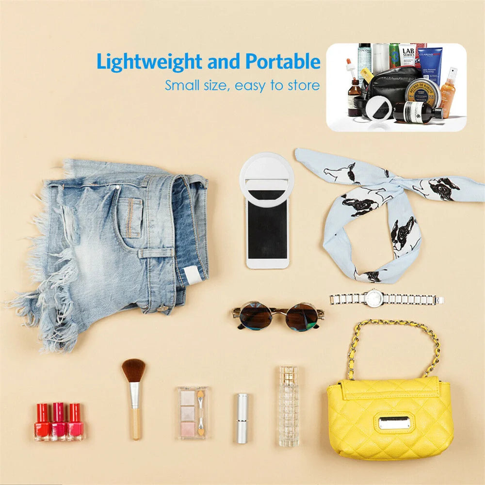 Portable LED selfie ring light kit with phone holder and small accessories