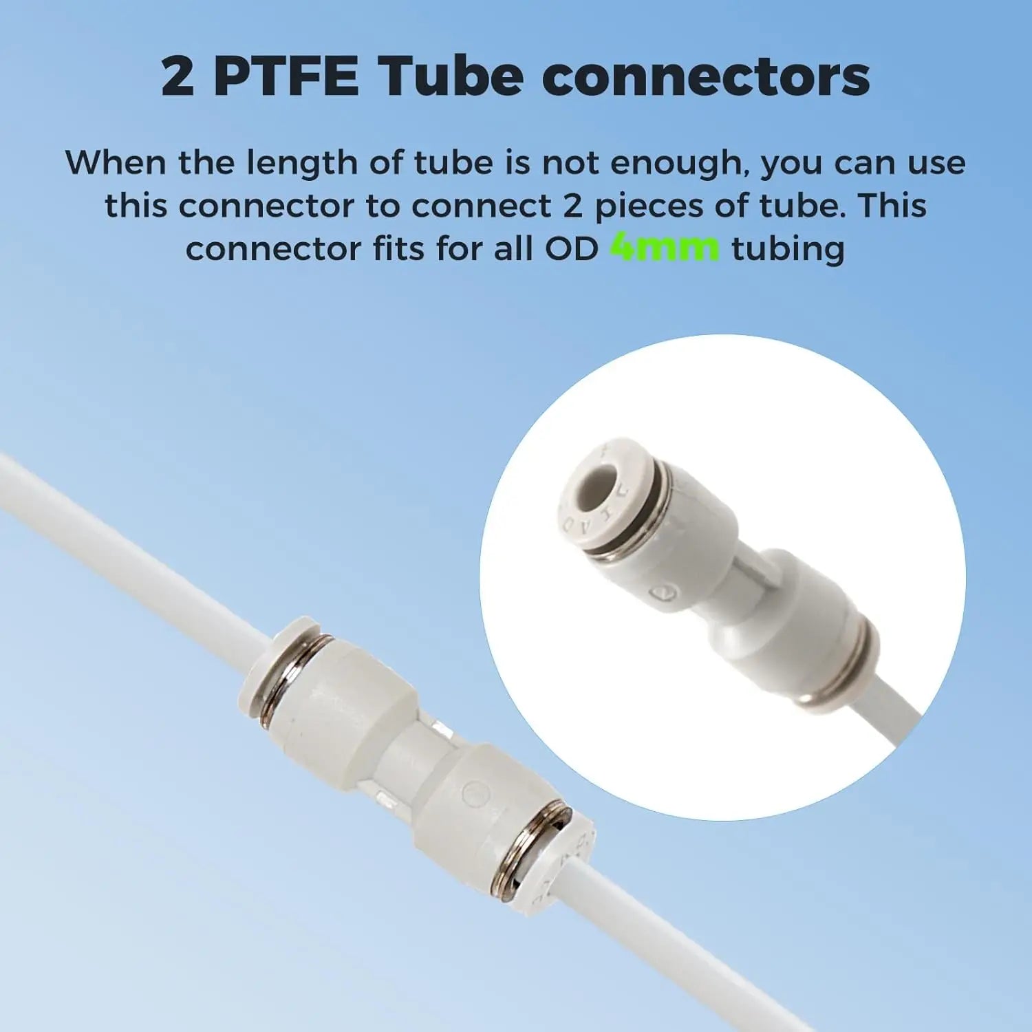 PTFE tube connectors, two-piece white joiners for 4 mm OD tubing