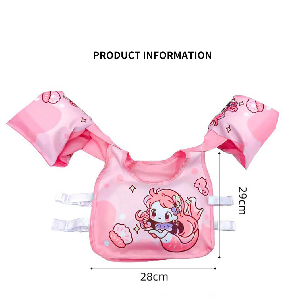 Pink child swim buoyancy vest diagram with arm floats and adjustable strap buckles