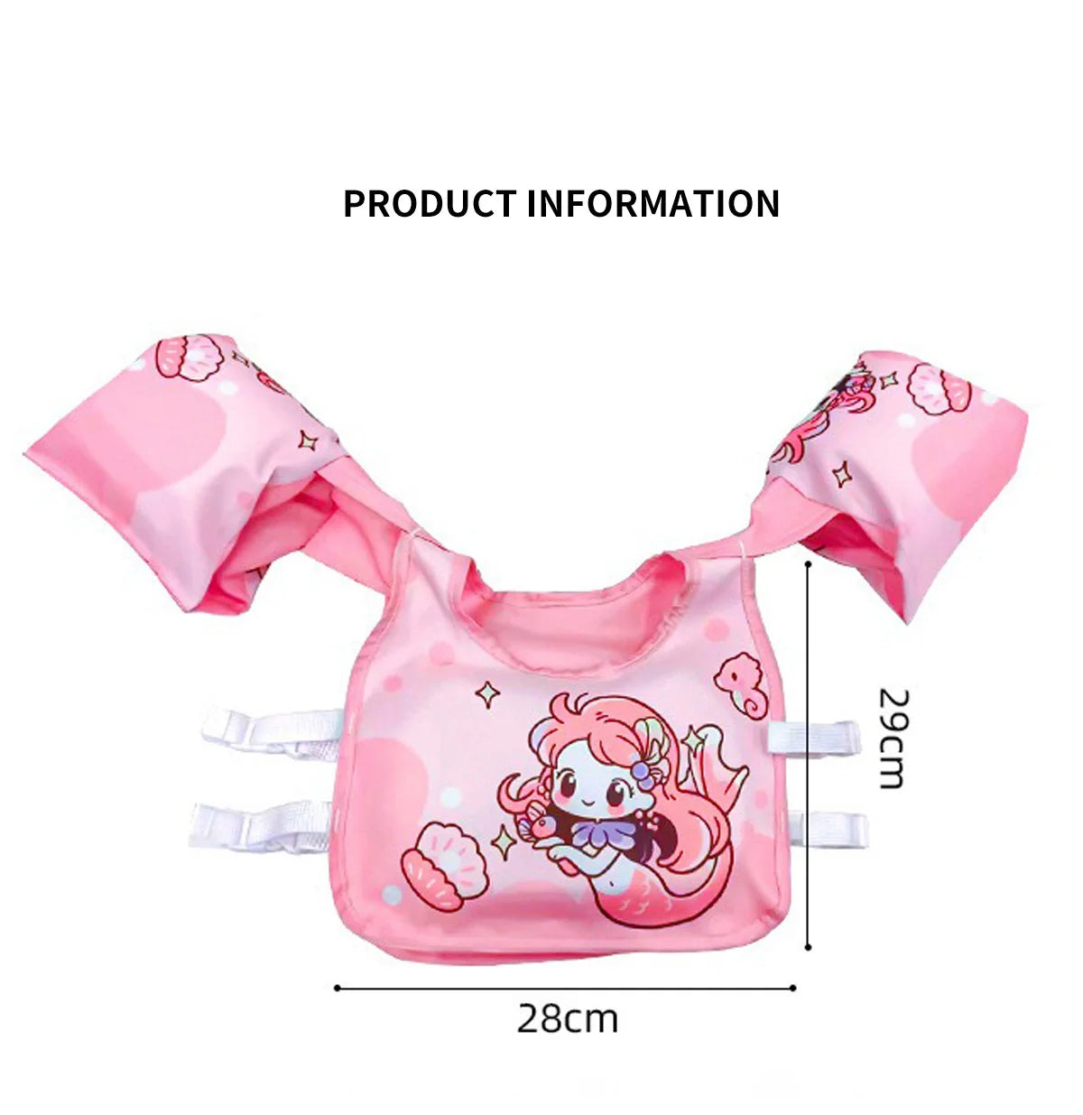 Pink child swim buoyancy vest diagram with arm floats and adjustable strap buckles