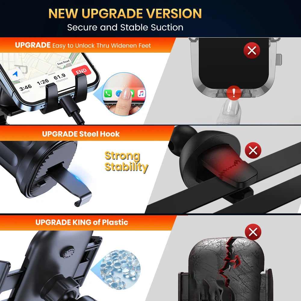Car phone holder mount showing locking clip design and wide base feet