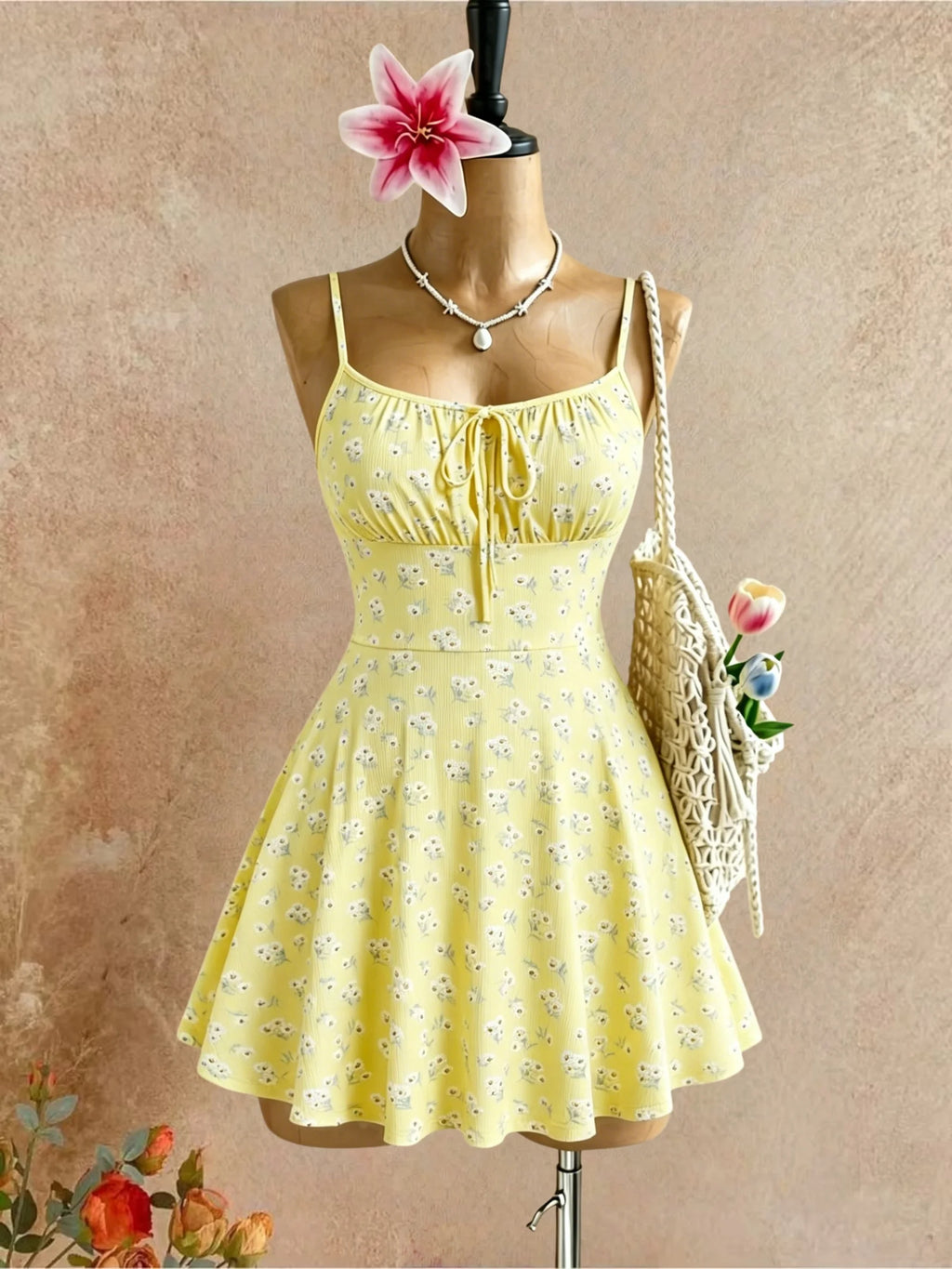 Yellow ditsy floral spaghetti-strap mini skater dress with front tie detail