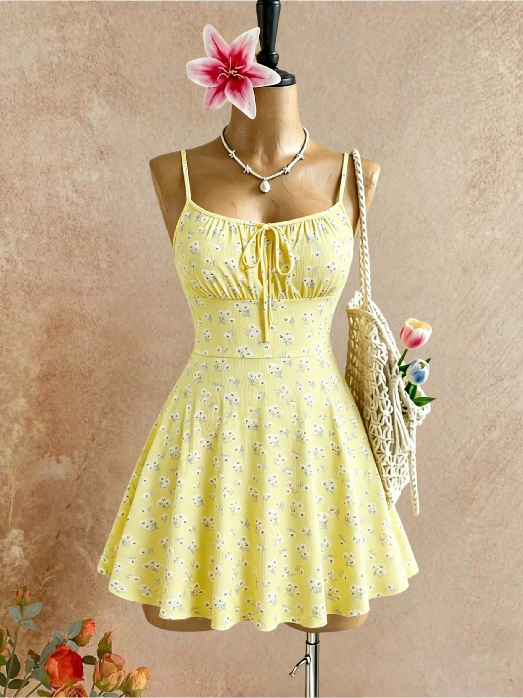 Yellow ditsy floral spaghetti-strap skater mini dress with gathered neckline