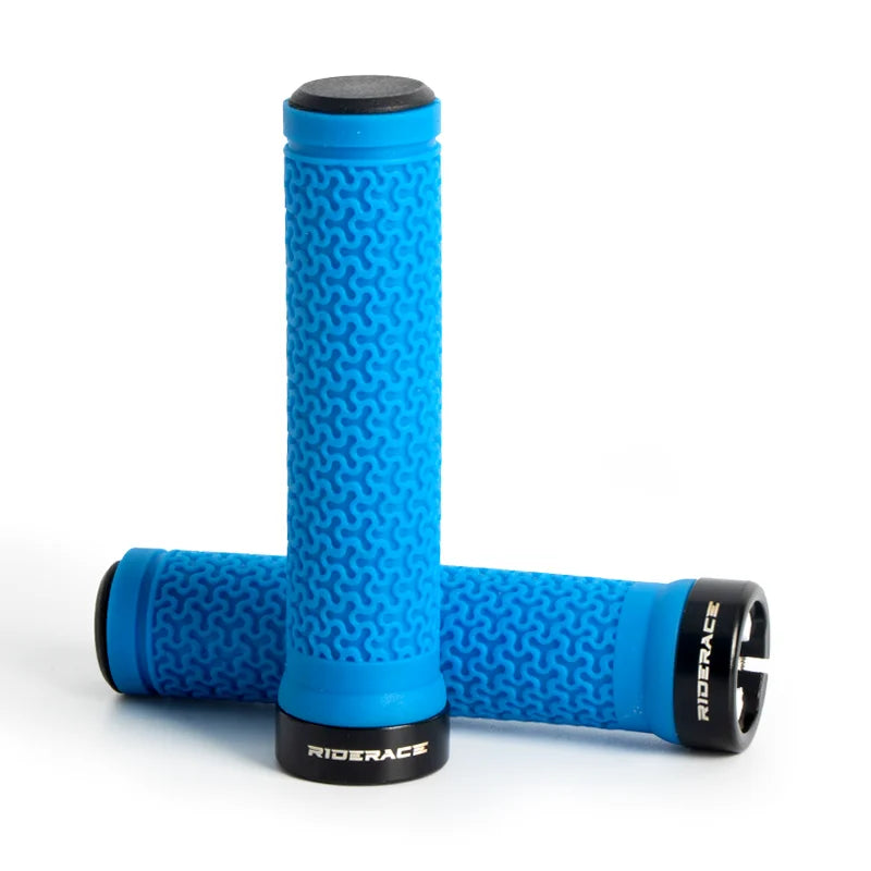 Blue textured bike handlebar grips pair with black locking end caps