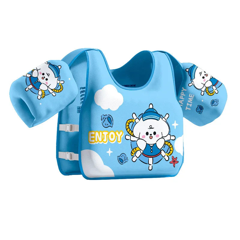 Blue kids swim buoyancy vest with cartoon character and “ENJOY” print, arm float sleeves