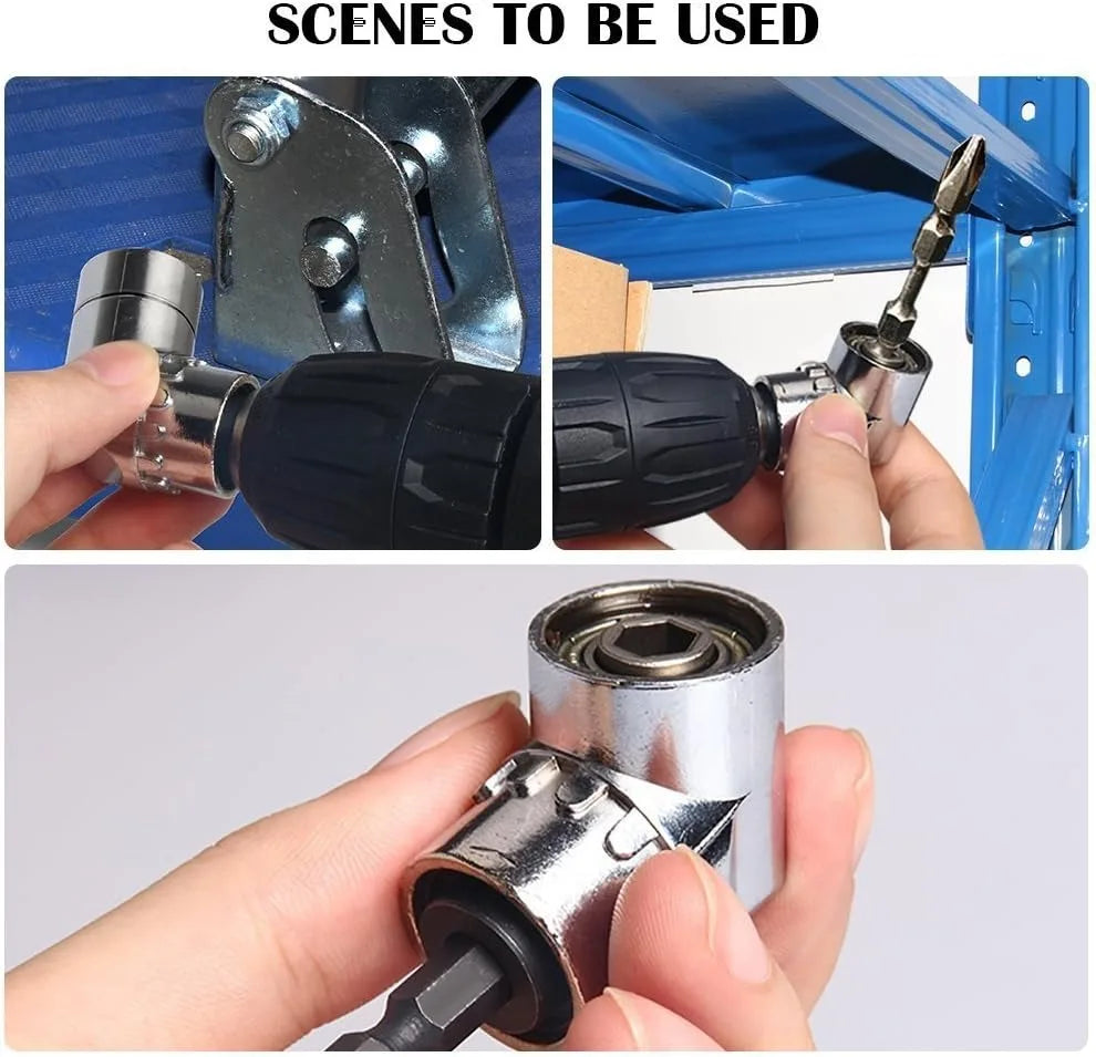 105° angle socket adapter used with a drill and hex driver for tight access