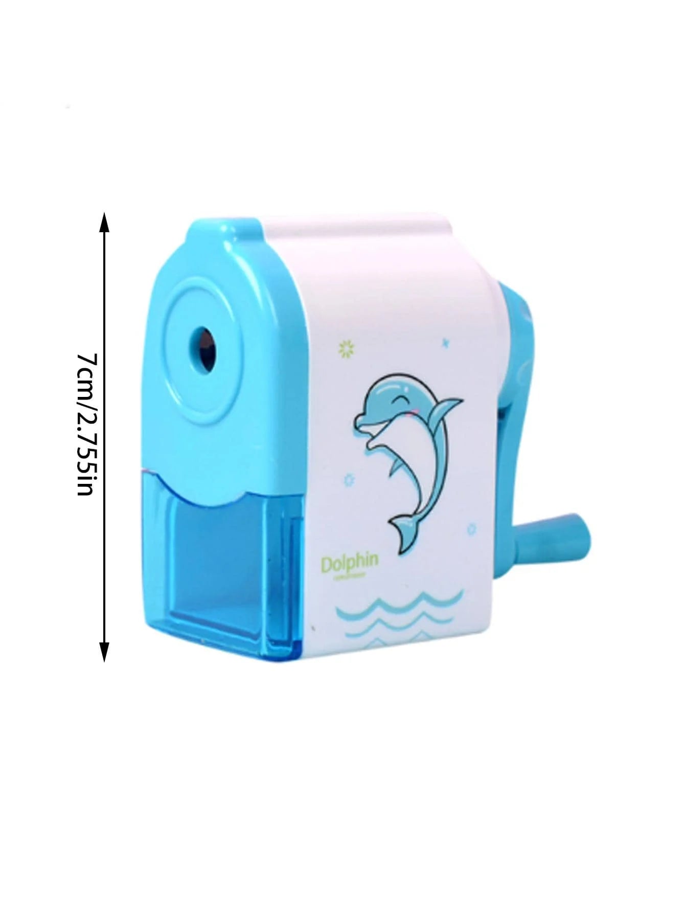 Blue dolphin rotary pencil sharpener with side blade inlet and crank handle