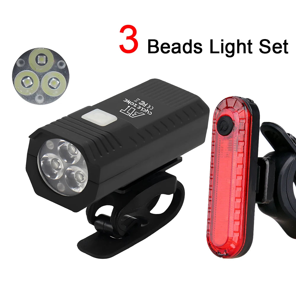 3-bead USB rechargeable bike light set with black headlight and red rear reflector