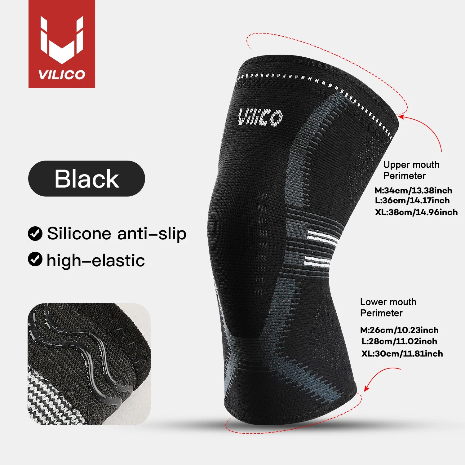 Black compression knee sleeve with blue accents and silicone anti-slip edge