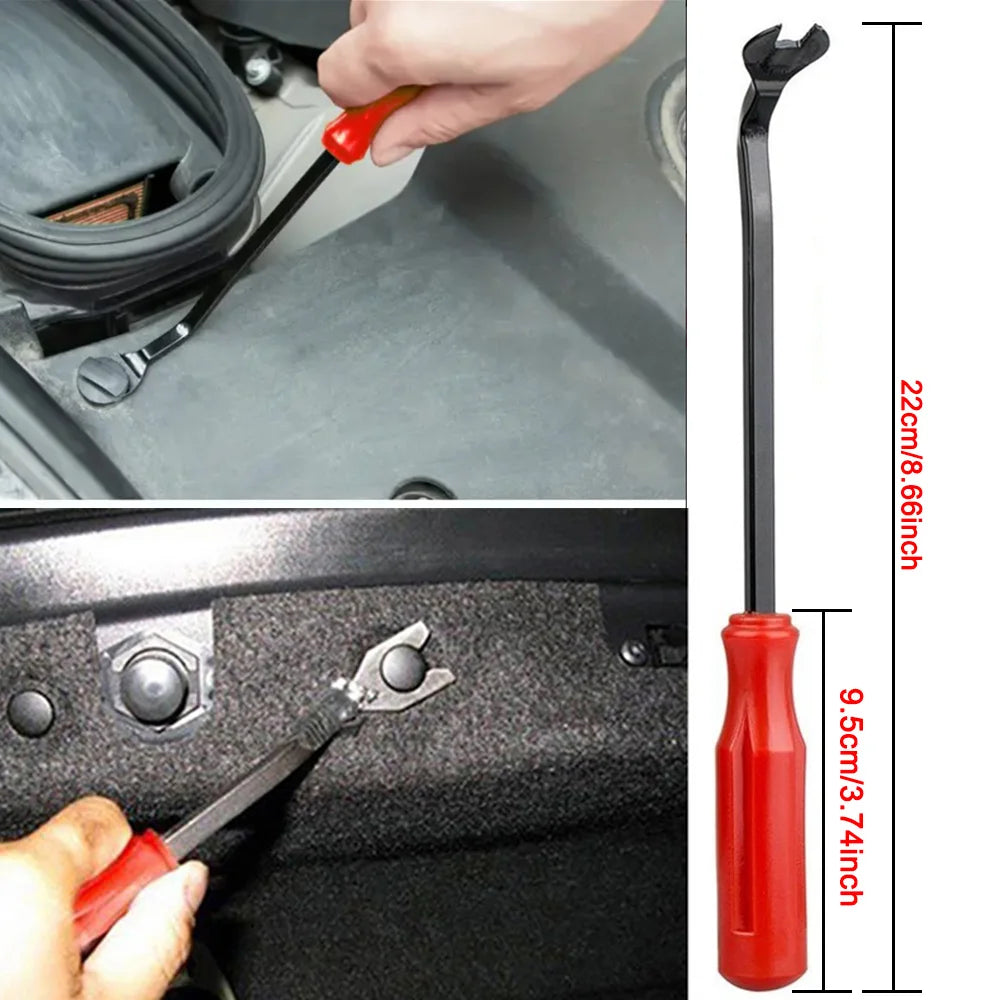 Car door pry retainer clip tool with red handle, used for removing trim fasteners