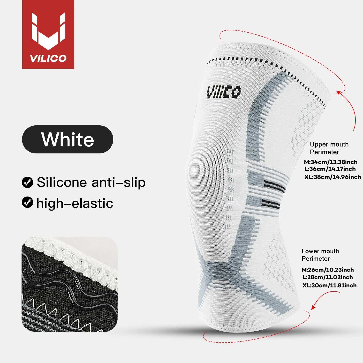 White compression knee support sleeve with silicone anti-slip and high-elastic knit