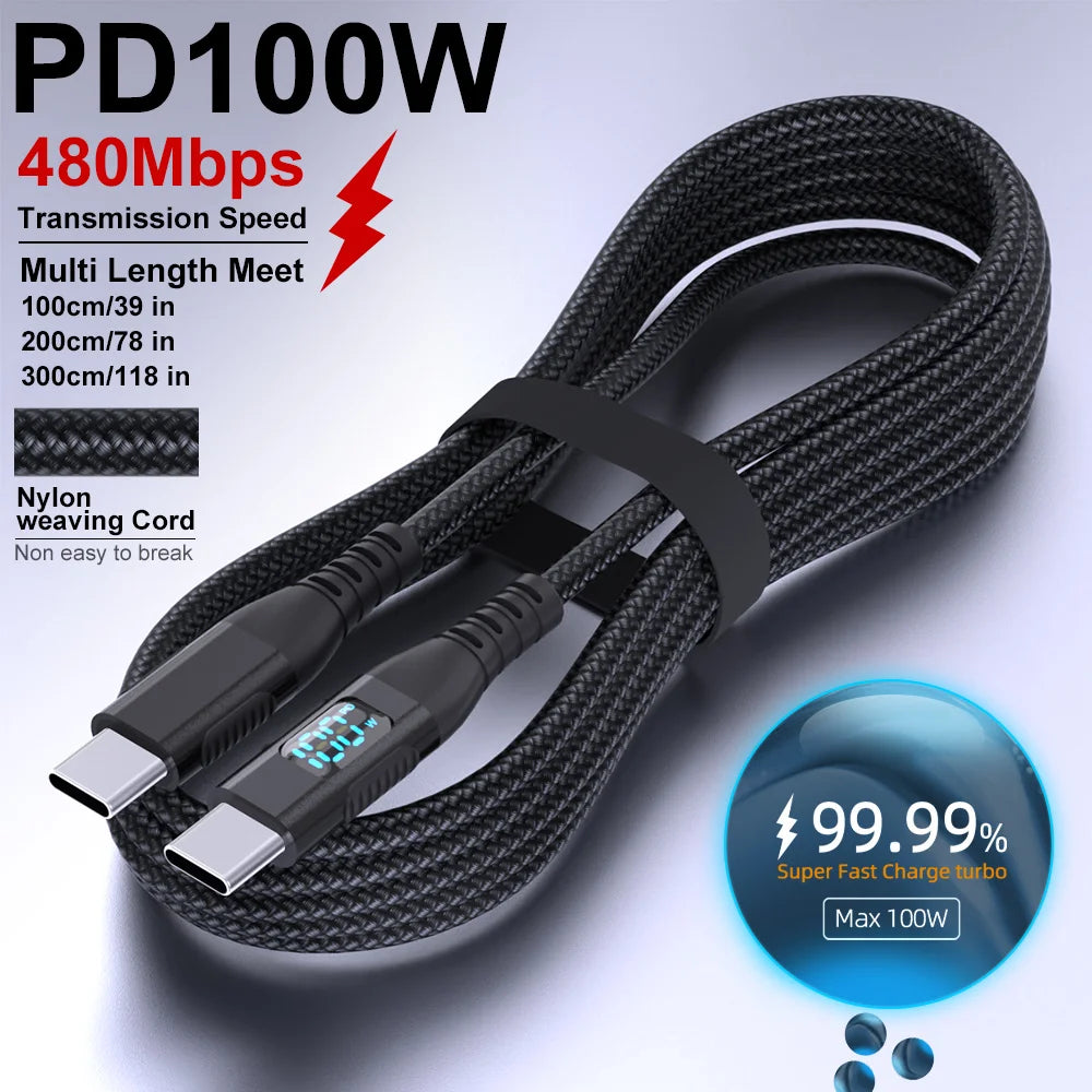 Black nylon braided USB-C to USB-C fast charging cable with two Type-C ends