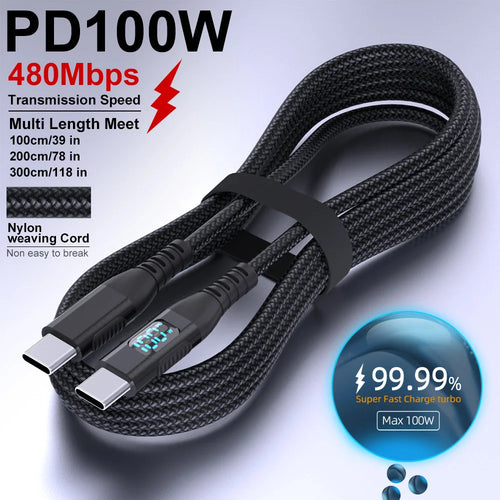 Black nylon braided USB-C to USB-C fast charging cable with two Type-C ends
