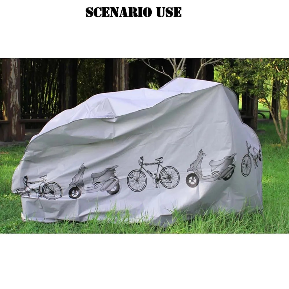 Grey waterproof bicycle cover over a bicycle, outdoor full-coverage drape
