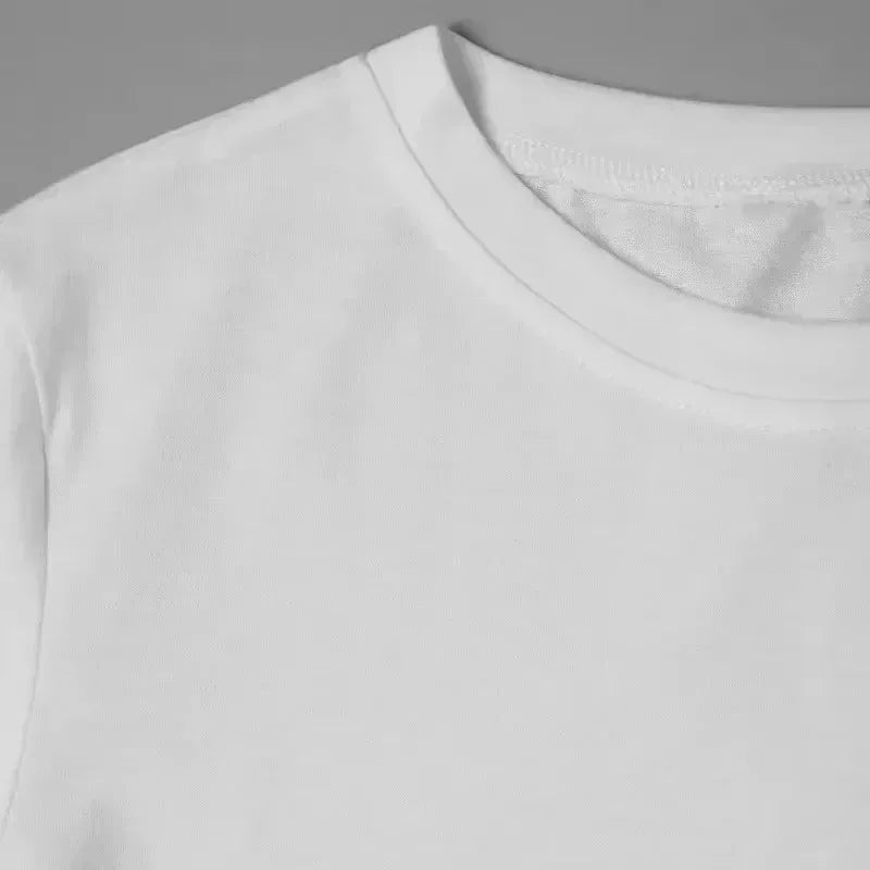 White crew-neck T-shirt close-up showing neckline and seams