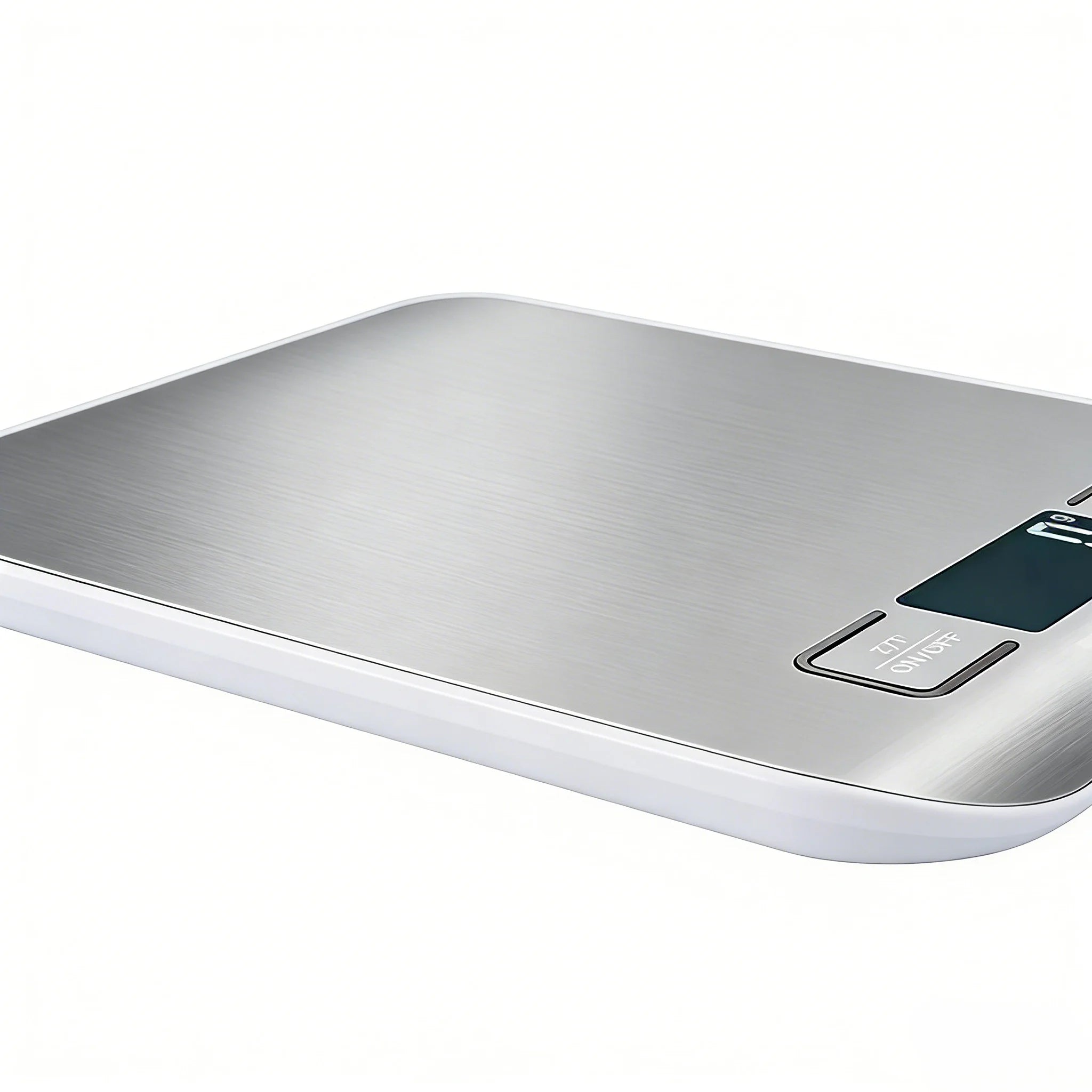 Stainless steel digital kitchen scale with textured platform and control buttons
