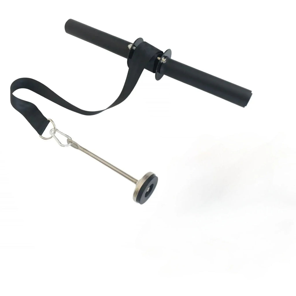 Black rod forearm trainer with wrist strap and metal chain with end weight disc