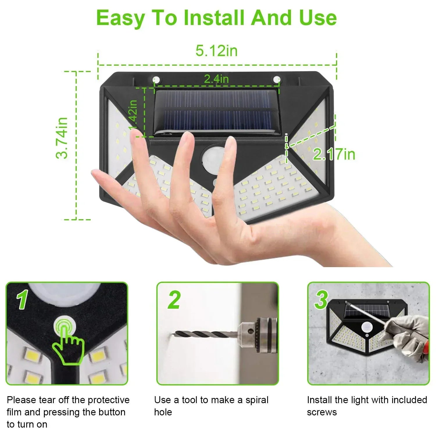 Solar LED motion sensor lamp showing front panel, LED grid, and touch control button