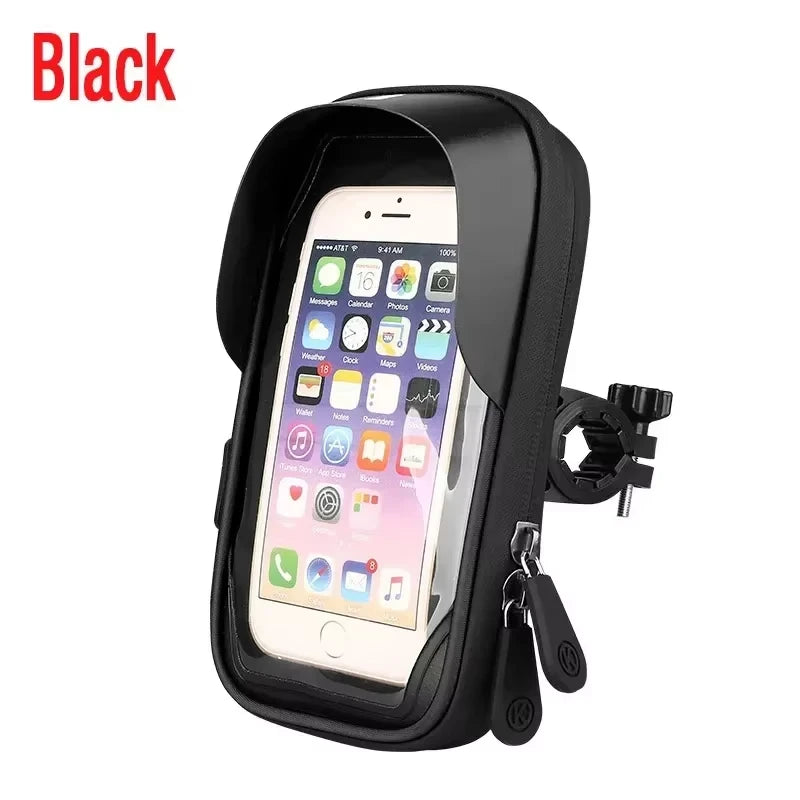 Black waterproof phone holder case with front handlebar clamp and side straps