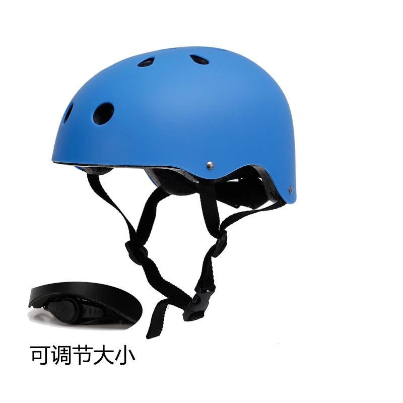 Blue kids bike helmet with ventilation holes and black chin straps, side view.