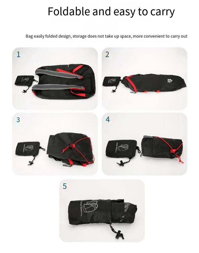 Folding backpack packed down compactly for easy carrying