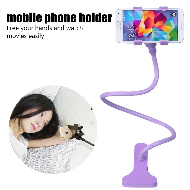 Purple flexible phone holder with adjustable clamp and flat weighted base